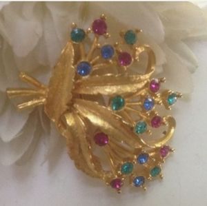 Blue Red & Green Flower Bouquet Golden Brooch